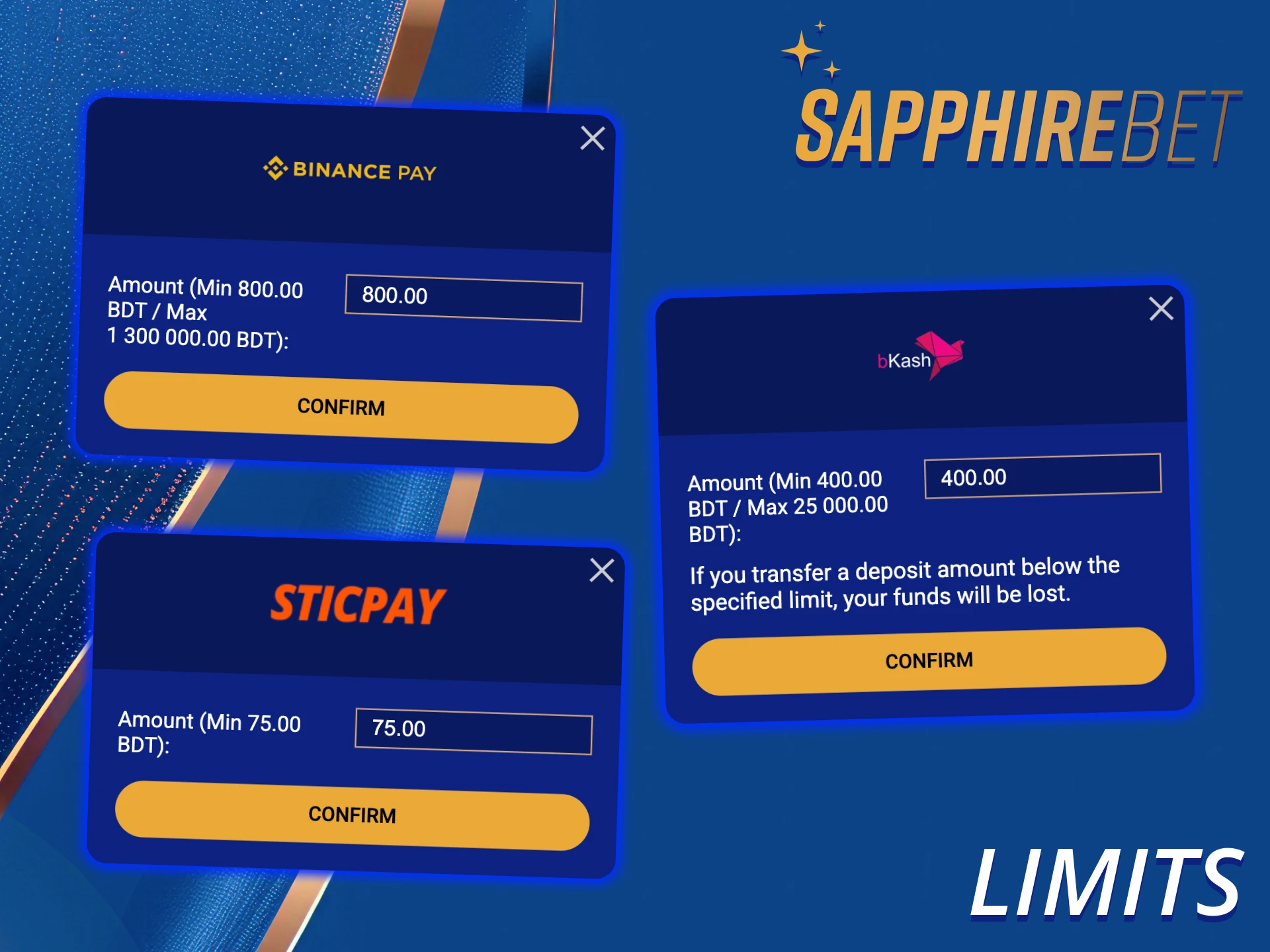 Learn more about SapphireBet minimum and maximum deposit limit.